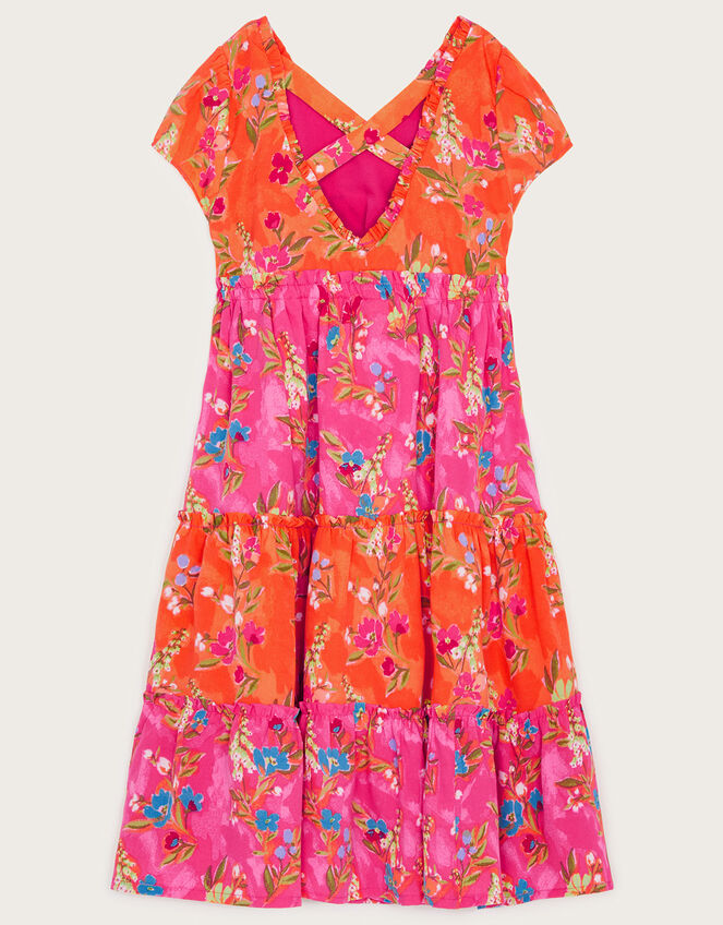Tiered Floral Dress in Recycled Polyester, Pink (PINK), large