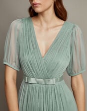 Ellie Sheer Sleeve Plunge Tulle Maxi Dress, Green (SAGE), large