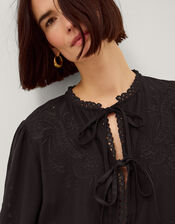 Cindy Embroidered Tie Front Top, Black (BLACK), large