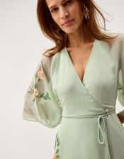 Clara Floral Embellished Midi Wrap Dress, Green (SAGE), large