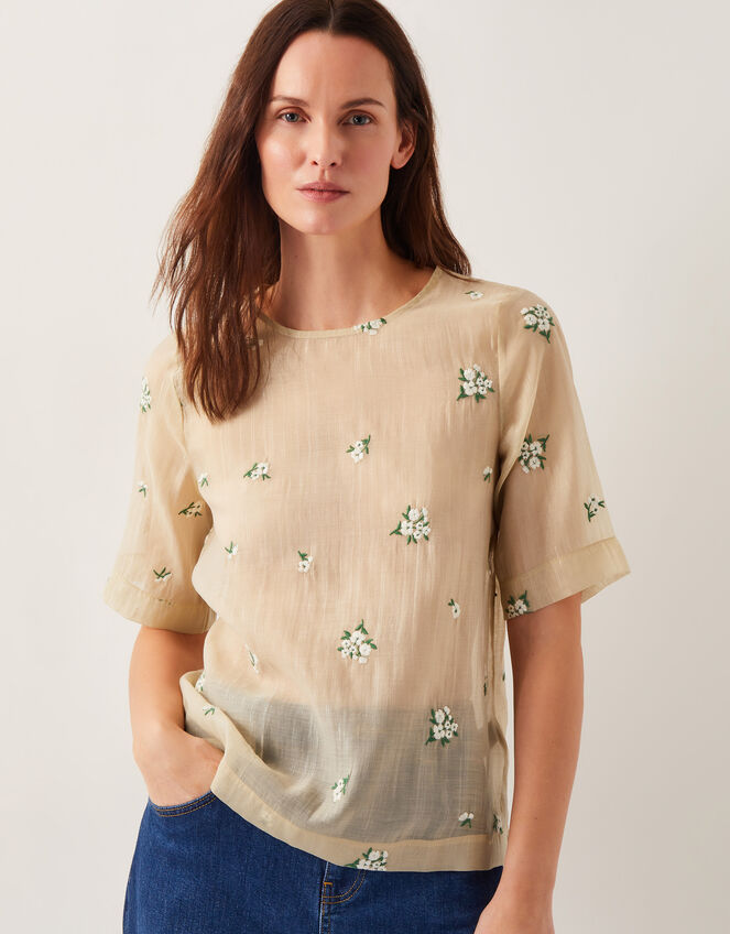 Sacha Short-Sleeve Embroidered Top, Gold (GOLD), large