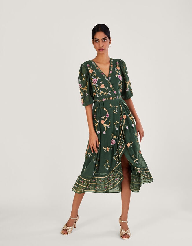 Christel Embroidered Wrap Dress in Recycled Polyester Green
