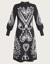 Heart Cornelli Embroidery Knit Dress, Black (BLACK), large