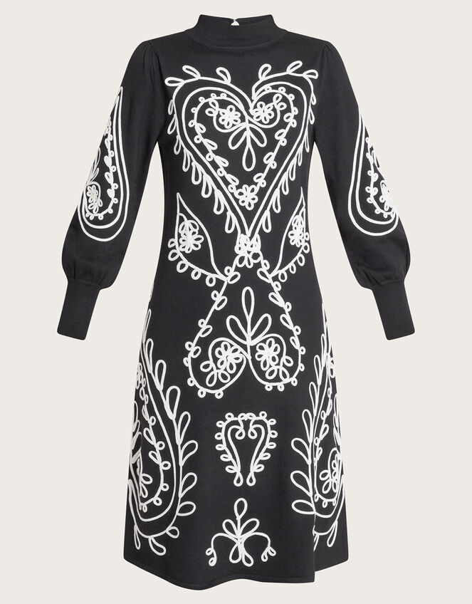 Heart Cornelli Embroidery Knit Dress, Black (BLACK), large