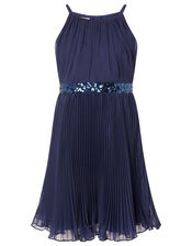 Sequin Waistband Chiffon Prom Dress, Blue (NAVY), large