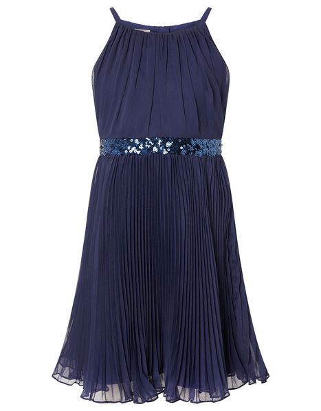 Sequin Waistband Chiffon Prom Dress Blue, Blue (NAVY), large