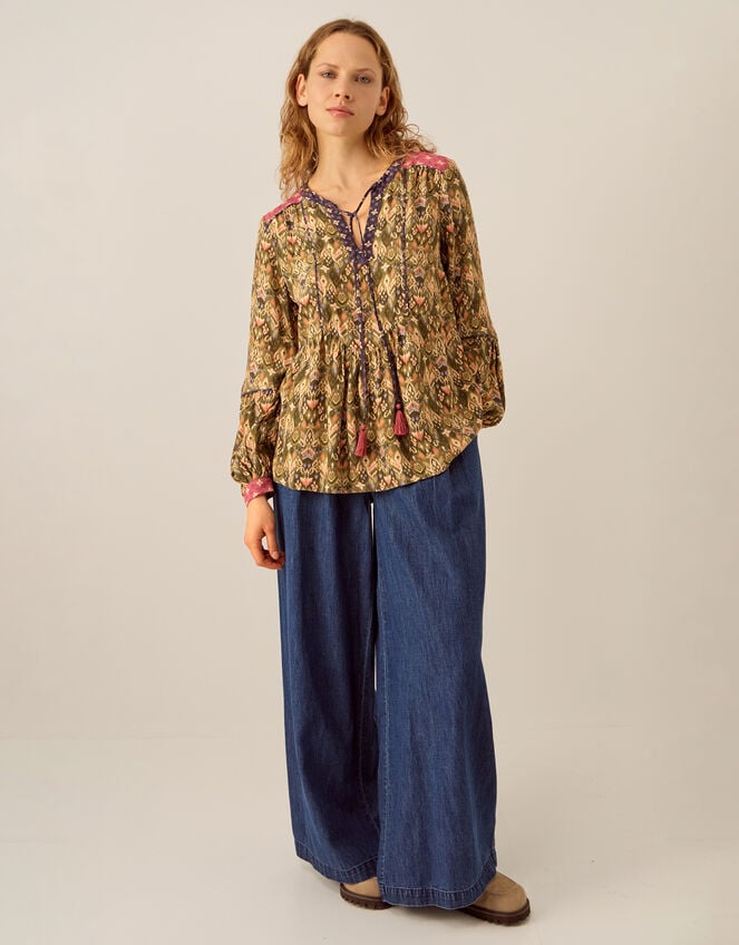 East Ikat Print Tassel Blouse, Green (GREEN), large