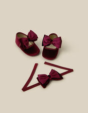 Baby Bow Velvet Booties & Headband Set, Red (BURGUNDY), large