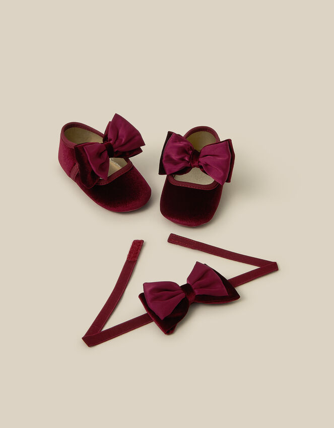 Baby Bow Velvet Booties & Headband Set, Red (BURGUNDY), large