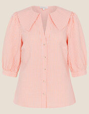 Wide Collar Gingham Top, Orange (CORAL), large