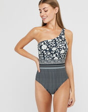 Farrah One Shoulder Printed Swimsuit, Blue (NAVY), large