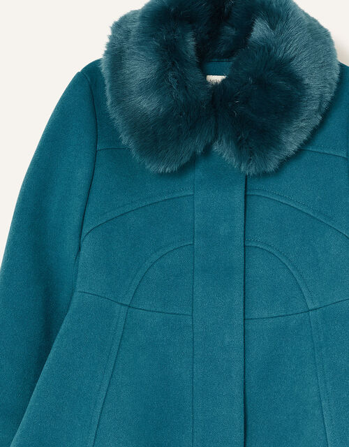 Faux Fur Collar Skirted Coat, Teal (TEAL), large