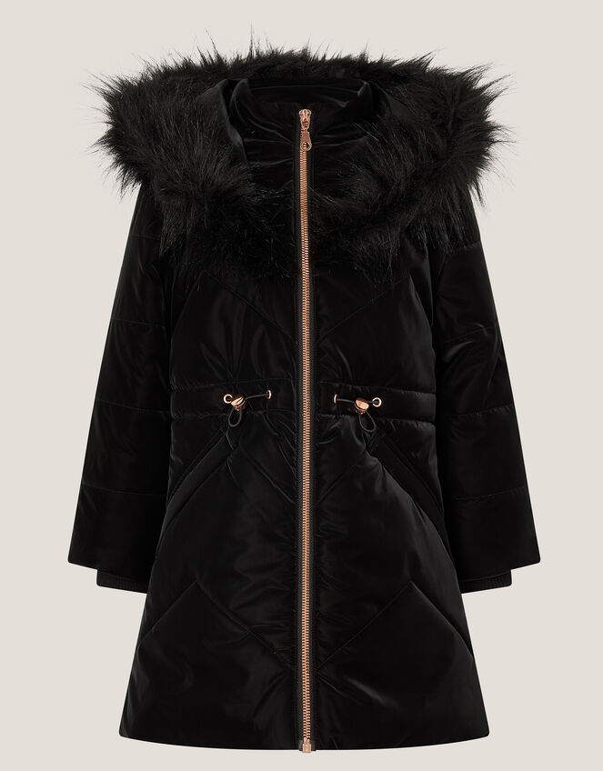 Faux Fur Hood Padded Coat, Black (BLACK), large