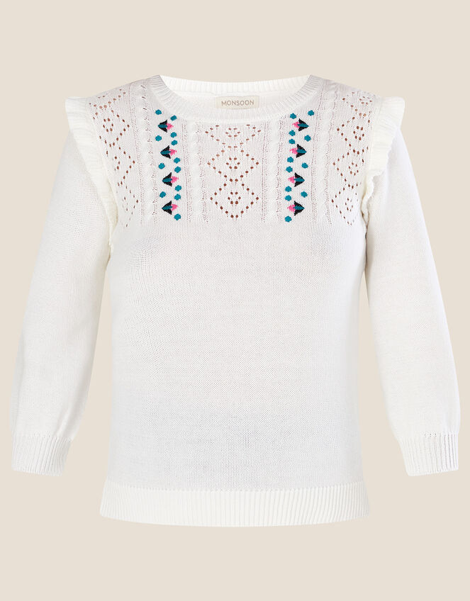 Embroidered Frill and Stitch Detail Jumper , Ivory (IVORY), large