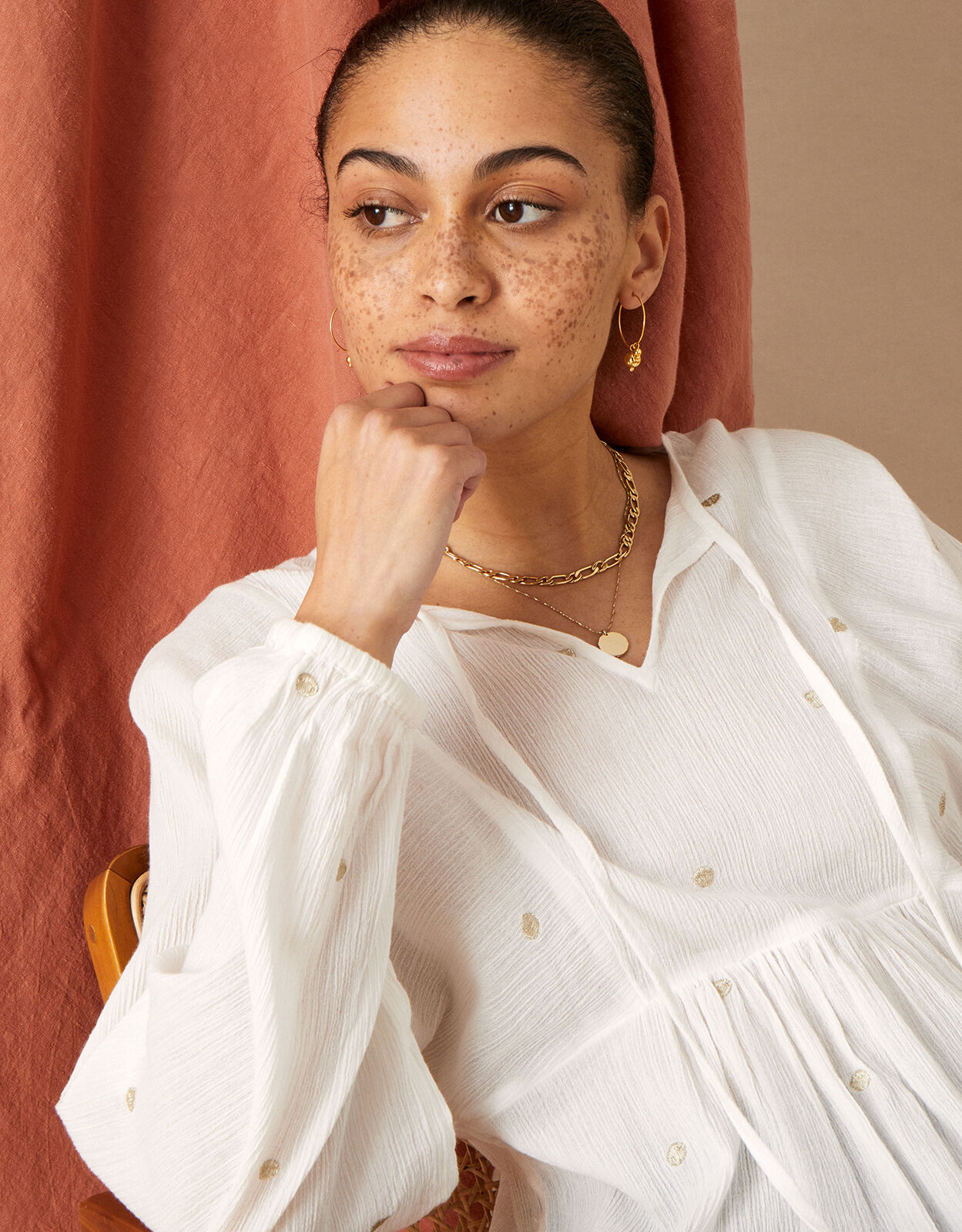 Embellished Dot Tunic Boho Top in Sustainable Cotton White