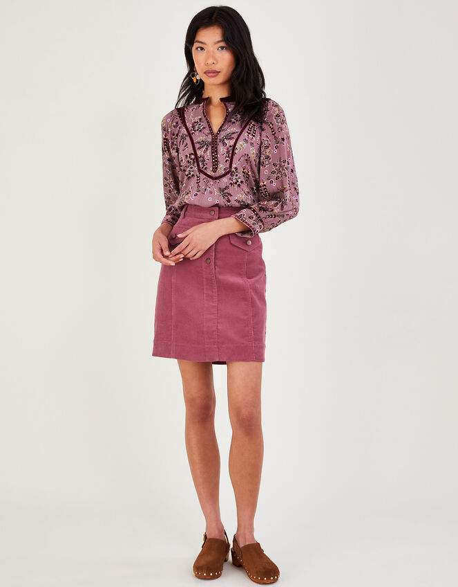 Overhead Heritage Print and Velvet Trim Blouse Pink