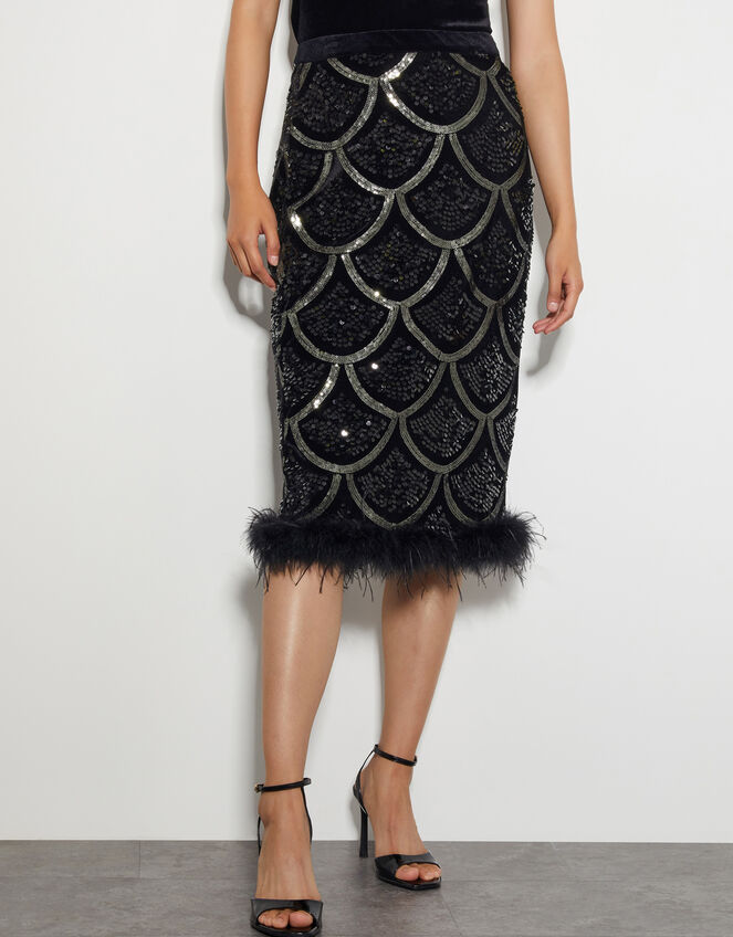 Sira Sequin Feather Pencil Skirt, Black (BLACK), large
