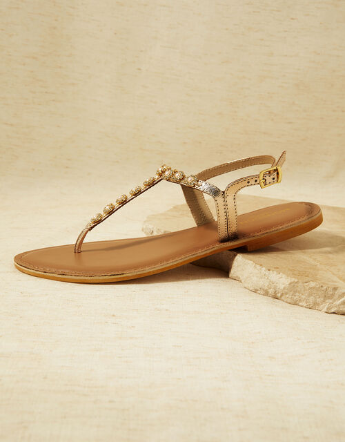 Floral Embellished Leather Toe Post Sandals, Gold (GOLD), large