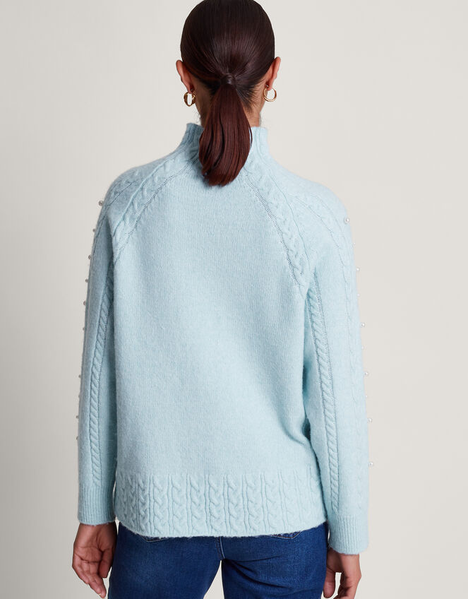 Pearl High Neck Cable Knit Jumper, Blue (BLUE), large