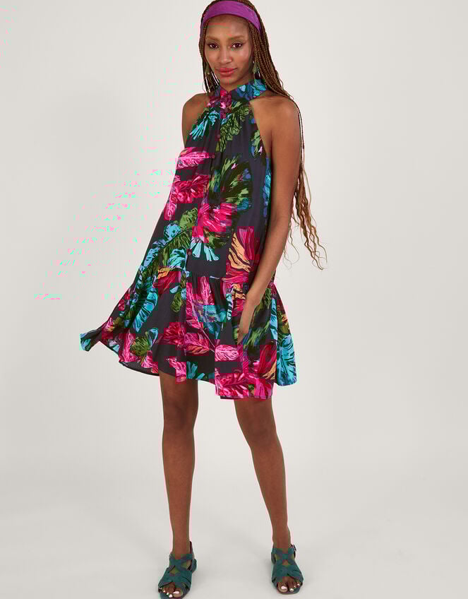 Bria Palm Print Halter Dress in Sustainable Viscose, Blue (MIDNIGHT), large