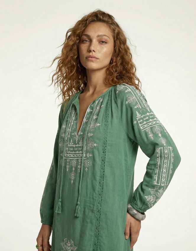 Raffya Aurelia Embroidered Maxi Kaftan Dress, Green (GREEN), large
