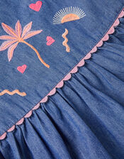 Embroidered Puff Sleeve Denim Dress, Blue (BLUE), large