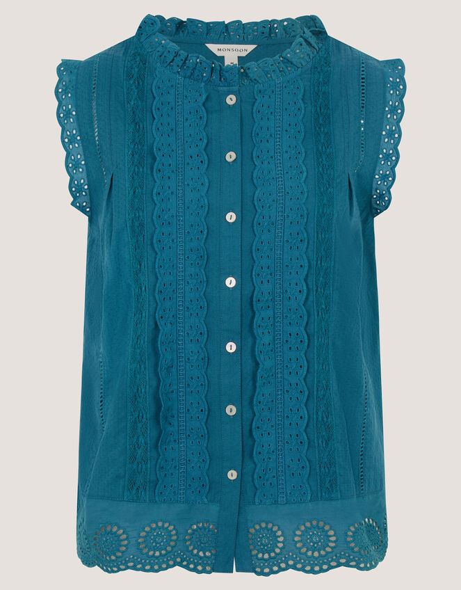 Trish Sleeveless Broderie Frill Top, Teal (TEAL), large