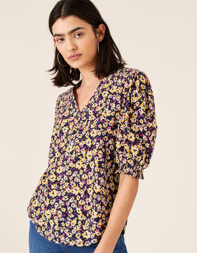 Missie Floral Short Sleeve Top, Blue (NAVY), large