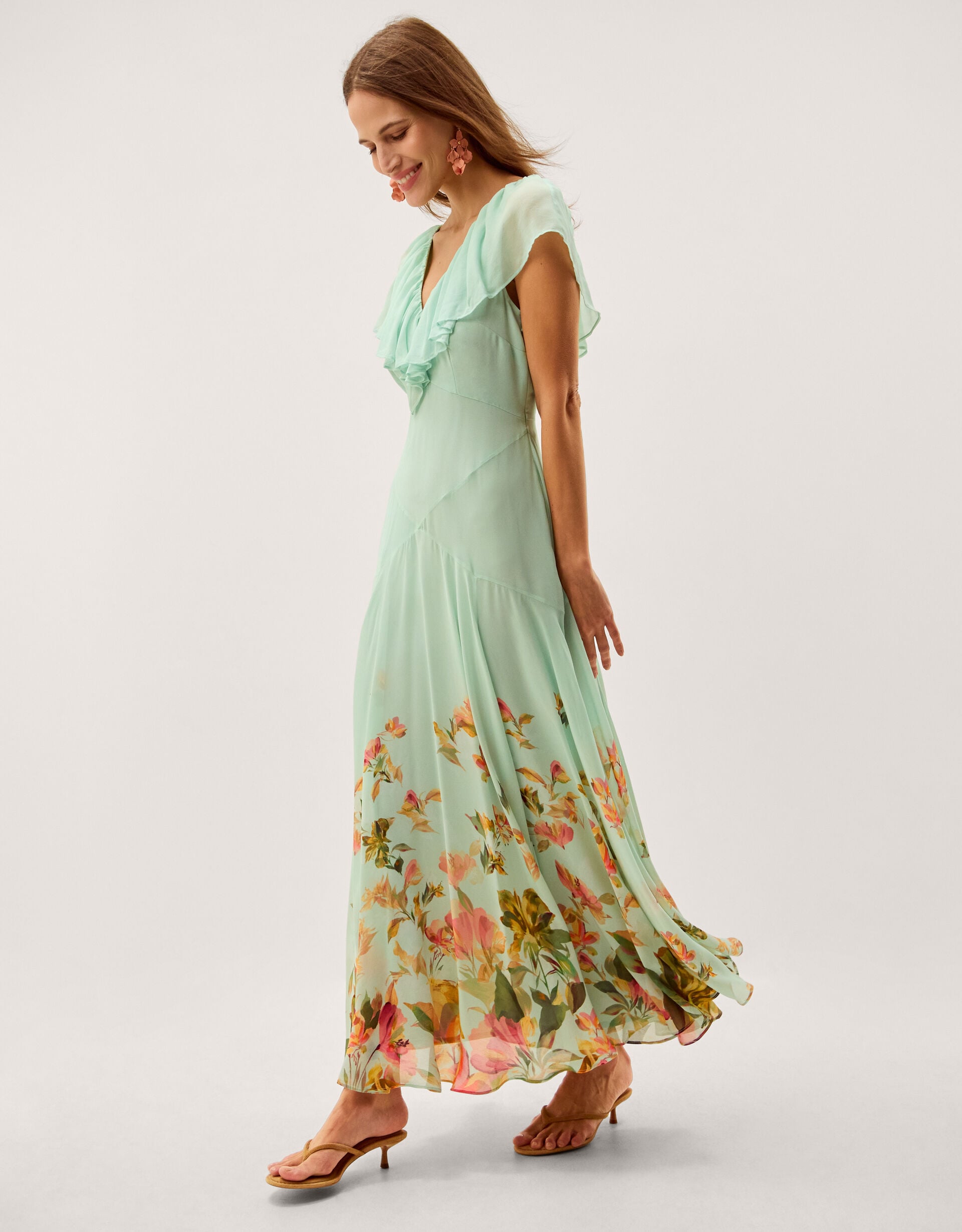 Aimee Floral Print Ruffle Maxi Dress Green