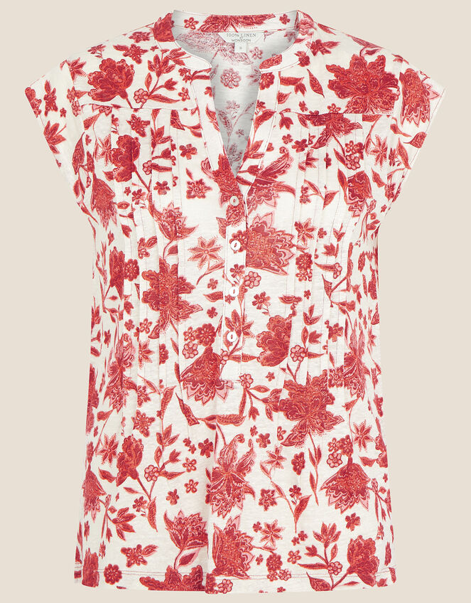 Floral Jersey Linen Short Sleeve T-Shirt, Red (RED), large