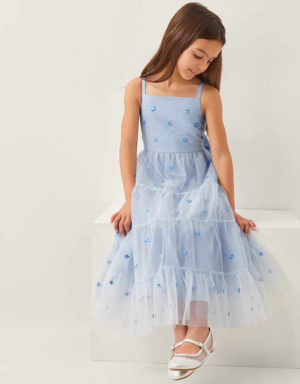 Thea Embroidered Back-Bow Tiered Dress, Blue (BLUE), large