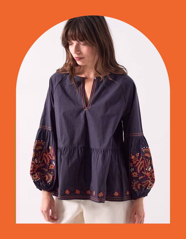 East Cerza Floral Embroidered Top, Grey (CHARCOAL), large