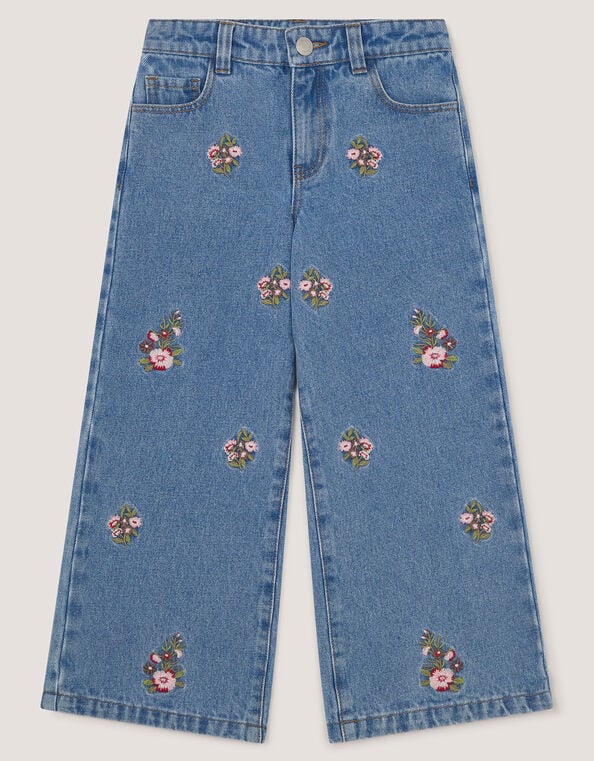 Floral Embroidered Wide Leg Jeans, Blue (BLUE), large