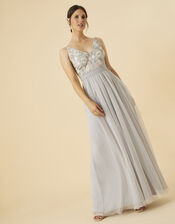 Kathy Embroidered Maxi Dress in Recycled Polyester, Silver (SILVER), large