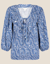 Paisley Ruffle Neck Top, Blue (BLUE), large