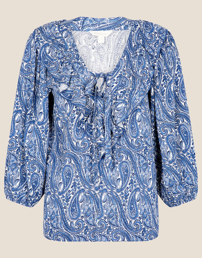 Paisley Ruffle Neck Top, Blue (BLUE), large