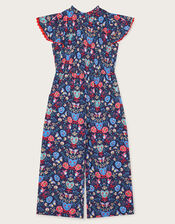 Floral Butterfly Short Sleeve Jumpsuit, Blue (NAVY), large