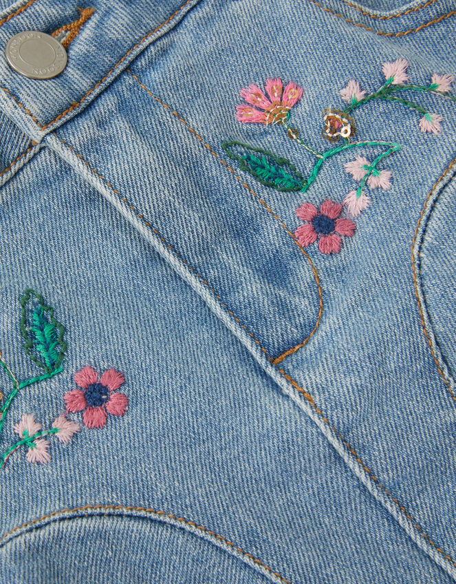 Floral Embroidered Denim Mini Skirt, Blue (BLUE), large
