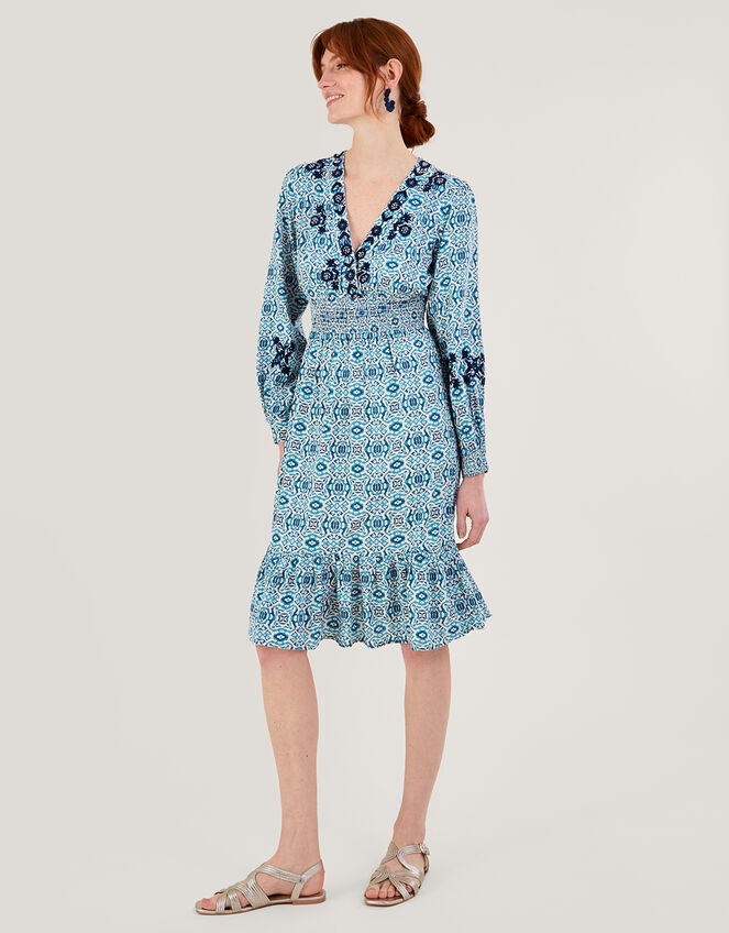 Faye Geometric Print Embroidered Dress in LENZING™ ECOVERO™, Blue (BLUE), large