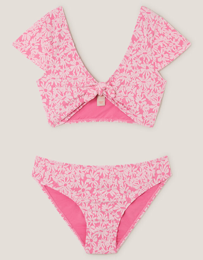 Floral Jacquard Short Sleeve Bikini Set, Pink (PINK), large