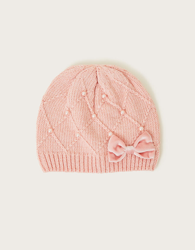 Pearly Cable Knit Beanie Hat in Recycled Polyester, Pink (PINK), large