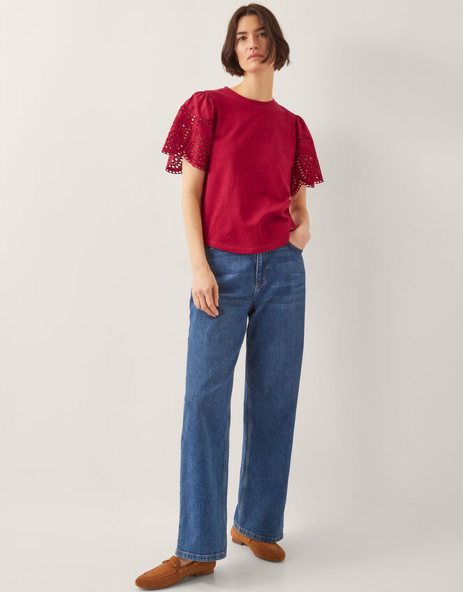 Bel Broderie Sleeve T-Shirt, Red (RED), large