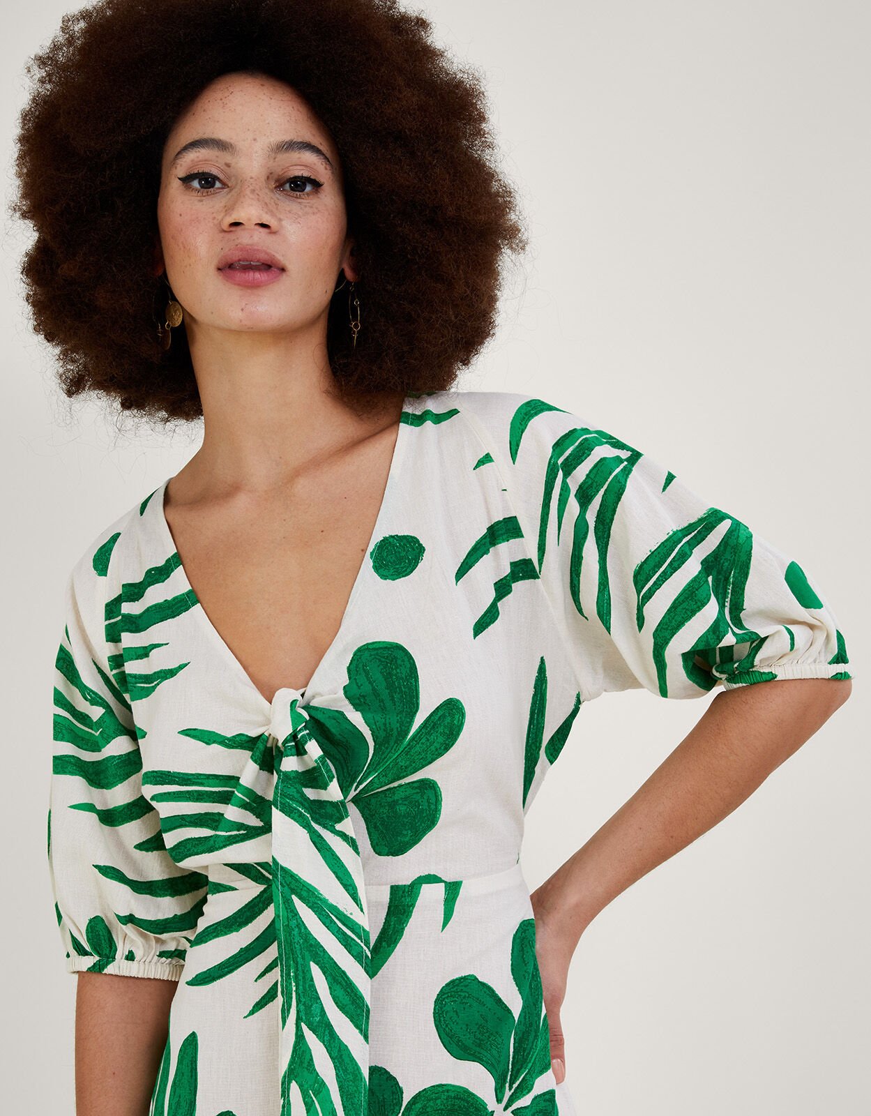 Abstract Palm Print Tie Front Midi Dress Green