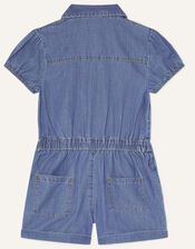 Watermelon Badge Denim Zip Front Playsuit, Blue (BLUE), large