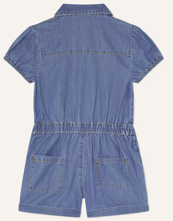 Watermelon Badge Denim Zip Front Playsuit, Blue (BLUE), large