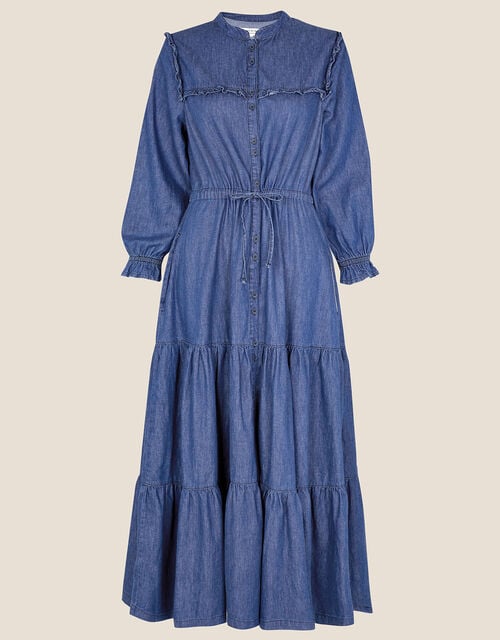 Tiered Denim Dress in Sustainable Cotton, Blue (DENIM BLUE), large