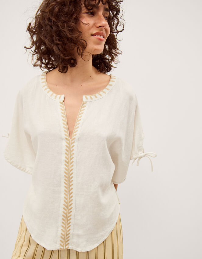 Adela Embroidered Linen Blend Top, Ivory (IVORY), large