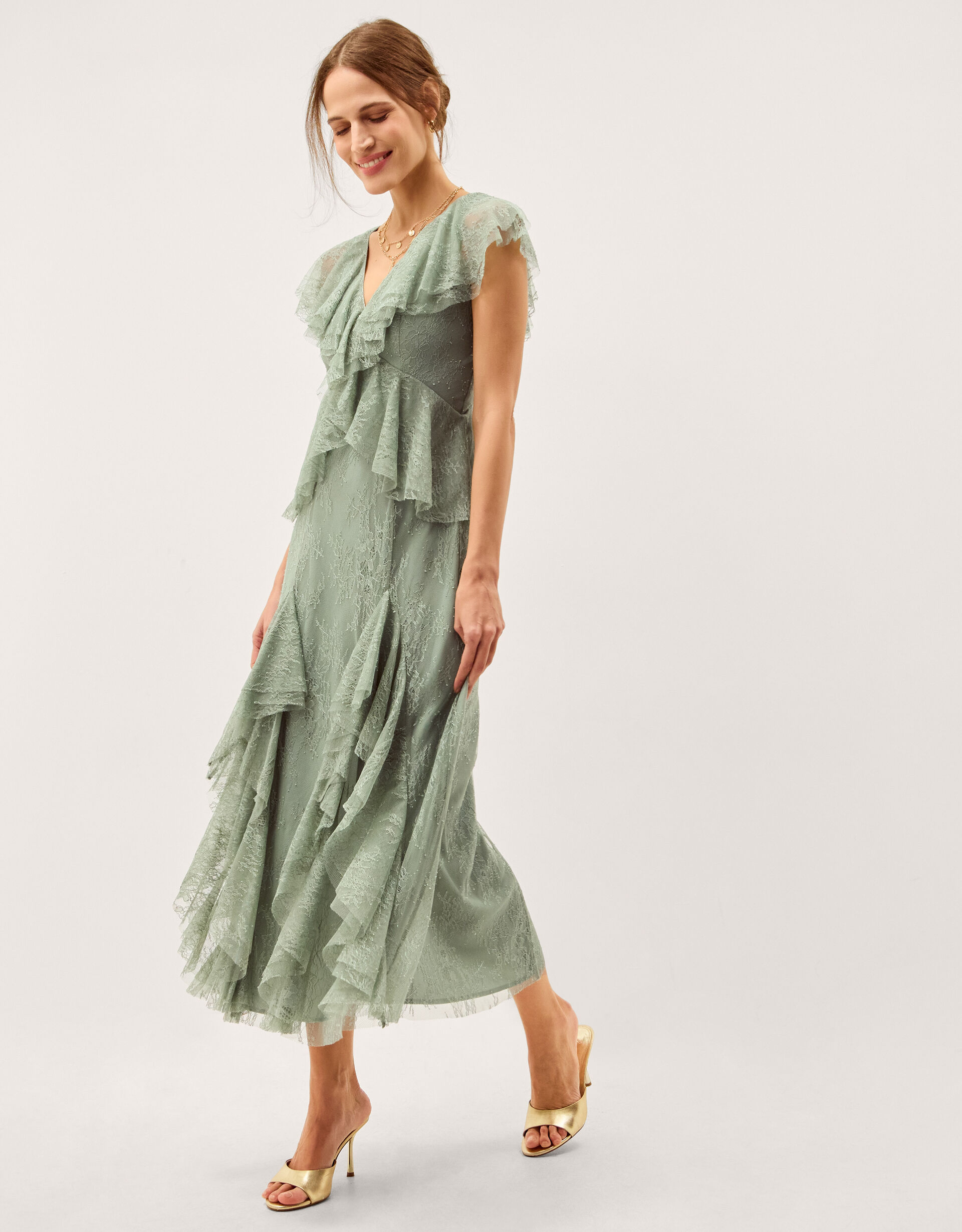 Alda Ruffle Lace Midi Dress Green | Evening Dresses | Monsoon UK.