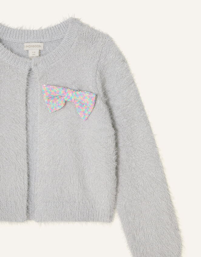 Sequin Bow Fluffy Cardigan, Grey (GREY), large