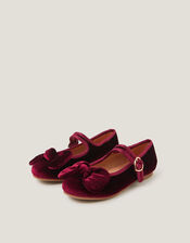 Velvet Bow Strap Ballet Flats, Red (BURGUNDY), large